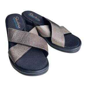 Skechers Women’s Metallic Bronze Crisscross Slide Sandals